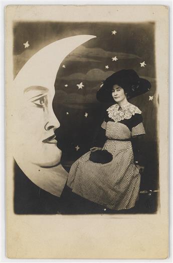 (PAPER MOONS) A magnificent collection of 30 paper moon real photo postcards featuring an array of charmingly posed sitters, perched